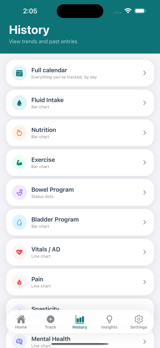 NeuroTrack History screen