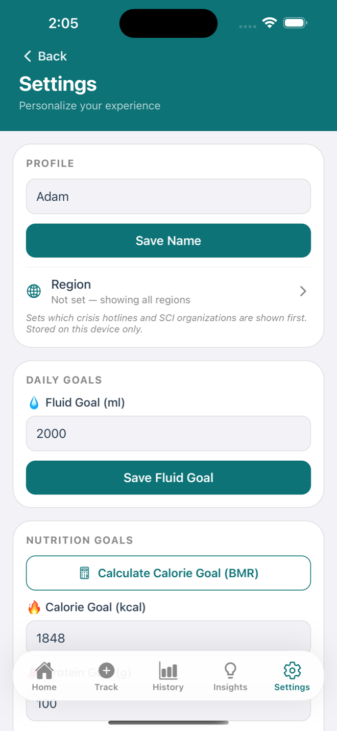 NeuroTrack Settings screen